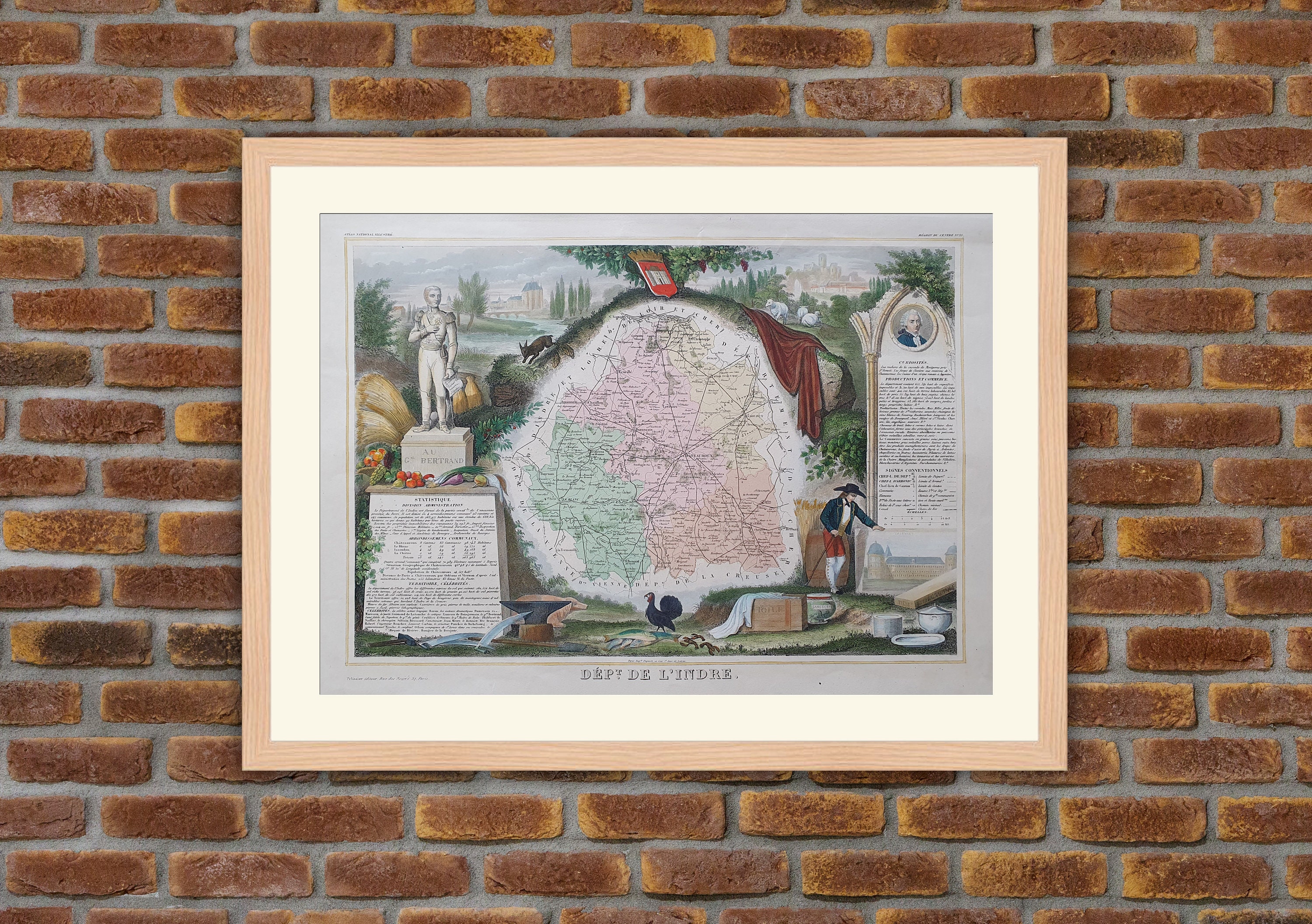 Carte Département Français - Indre Gravure Couleurs 1850 Atlas National Levasseur