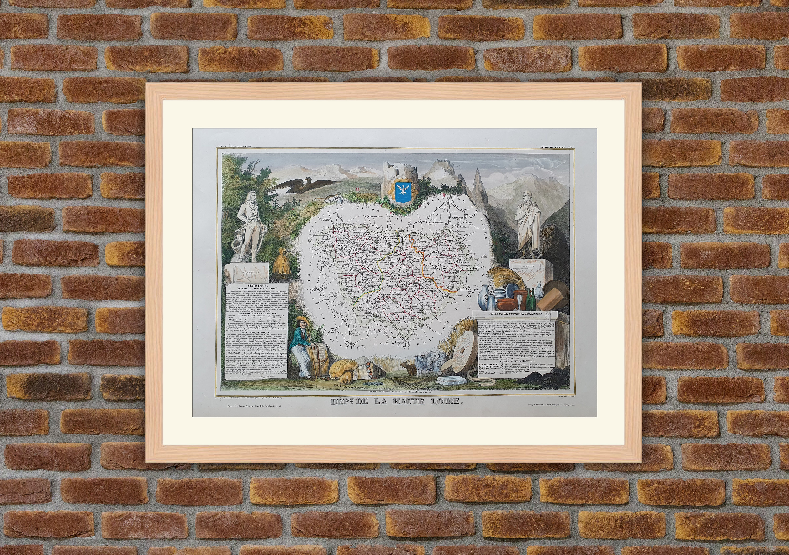 Carte Département Français - Haute-Loire Gravure Couleurs 1850 Atlas National Levasseur