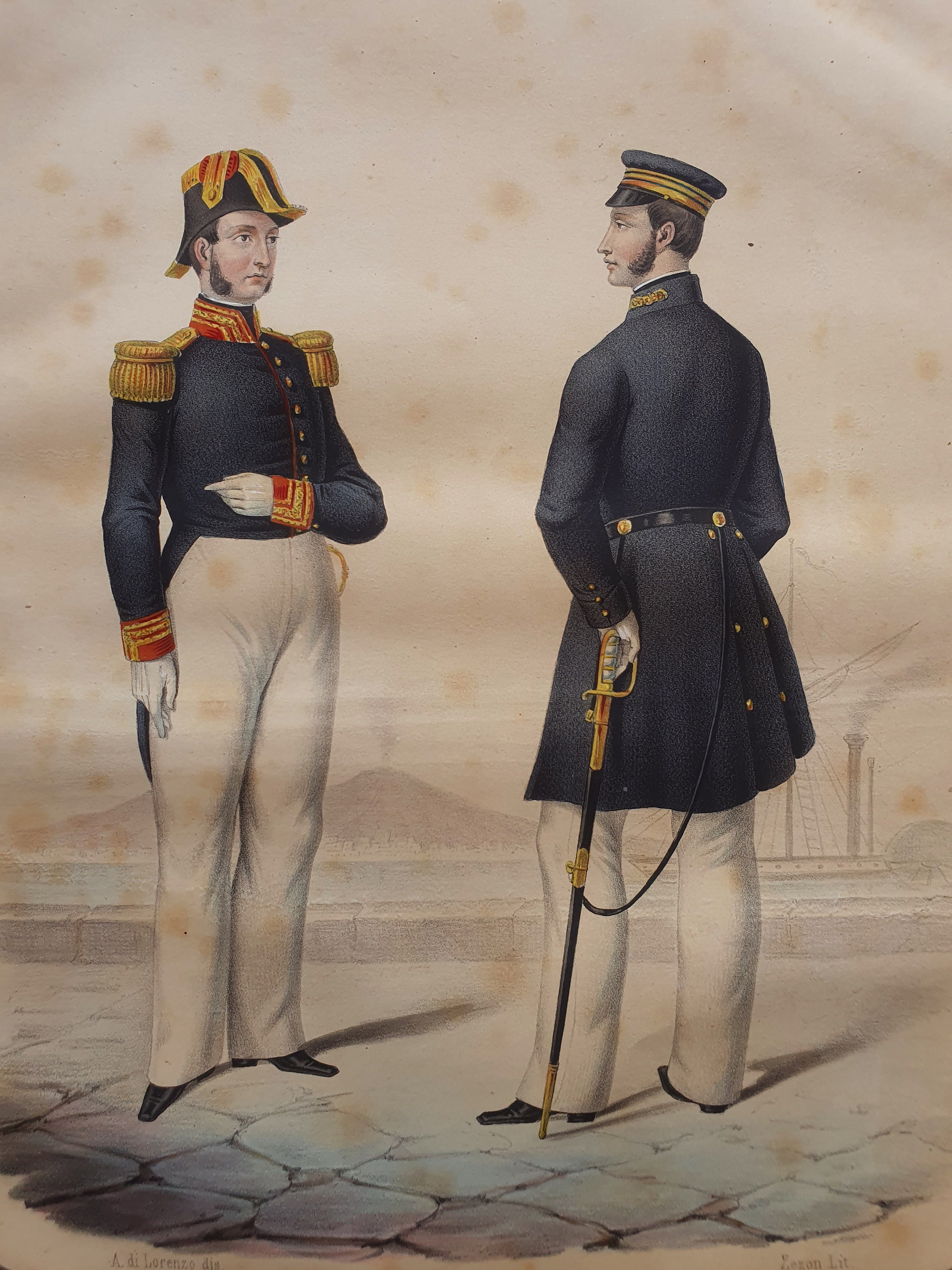 1850 年カラーリトグラフ - 海軍 - イタリア軍の制服 - Armata