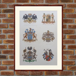 1880 Dutch heraldry [Houses: De Constant Rebecque de Villars, Cornets de Croot, de Court, de la Court, de Crassier, Creutz] color lithograph