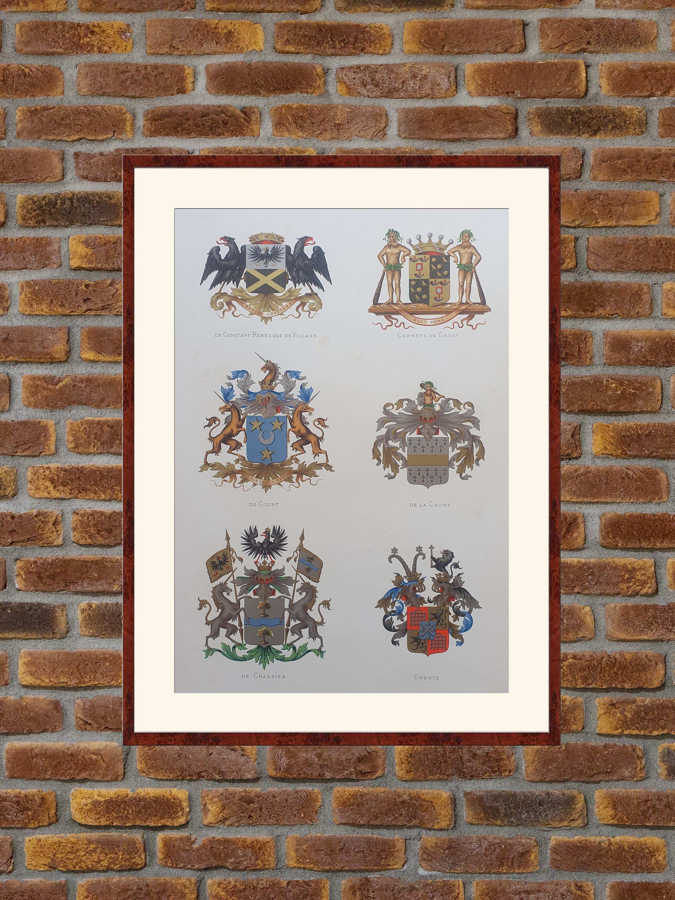 1880 Dutch heraldry [Houses: De Constant Rebecque de Villars, Cornets de Croot, de Court, de la Court, de Crassier, Creutz] color lithograph