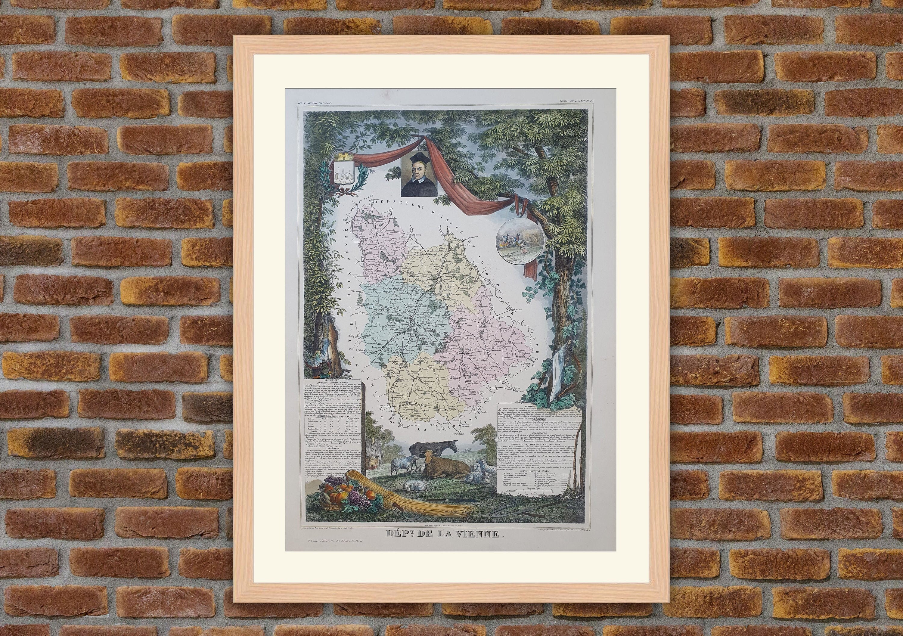 Carte Département Français - Vienne Gravure Couleurs 1850 Atlas National Levasseur