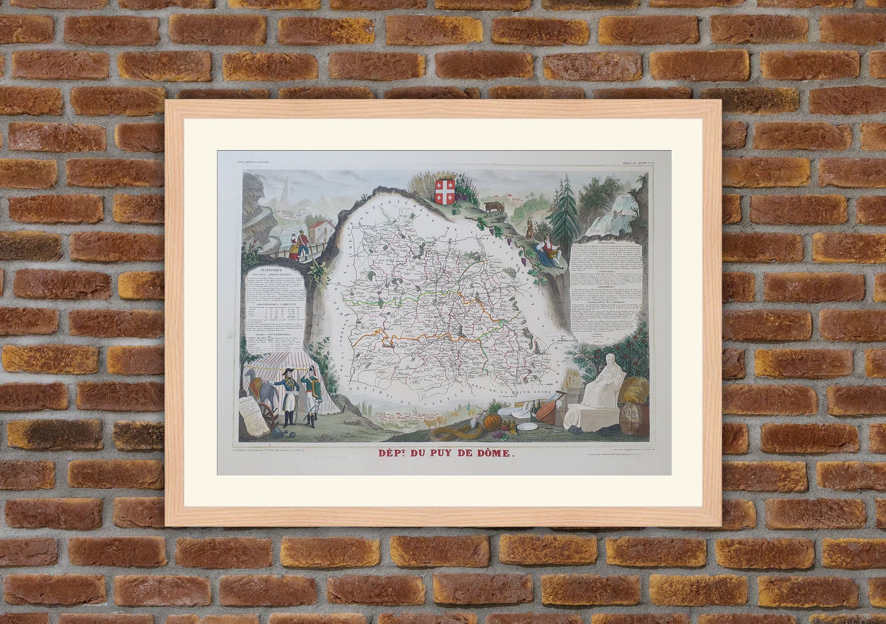 Carte Département Français - Puy de Dôme Gravure Couleurs 1850 Atlas National Levasseur