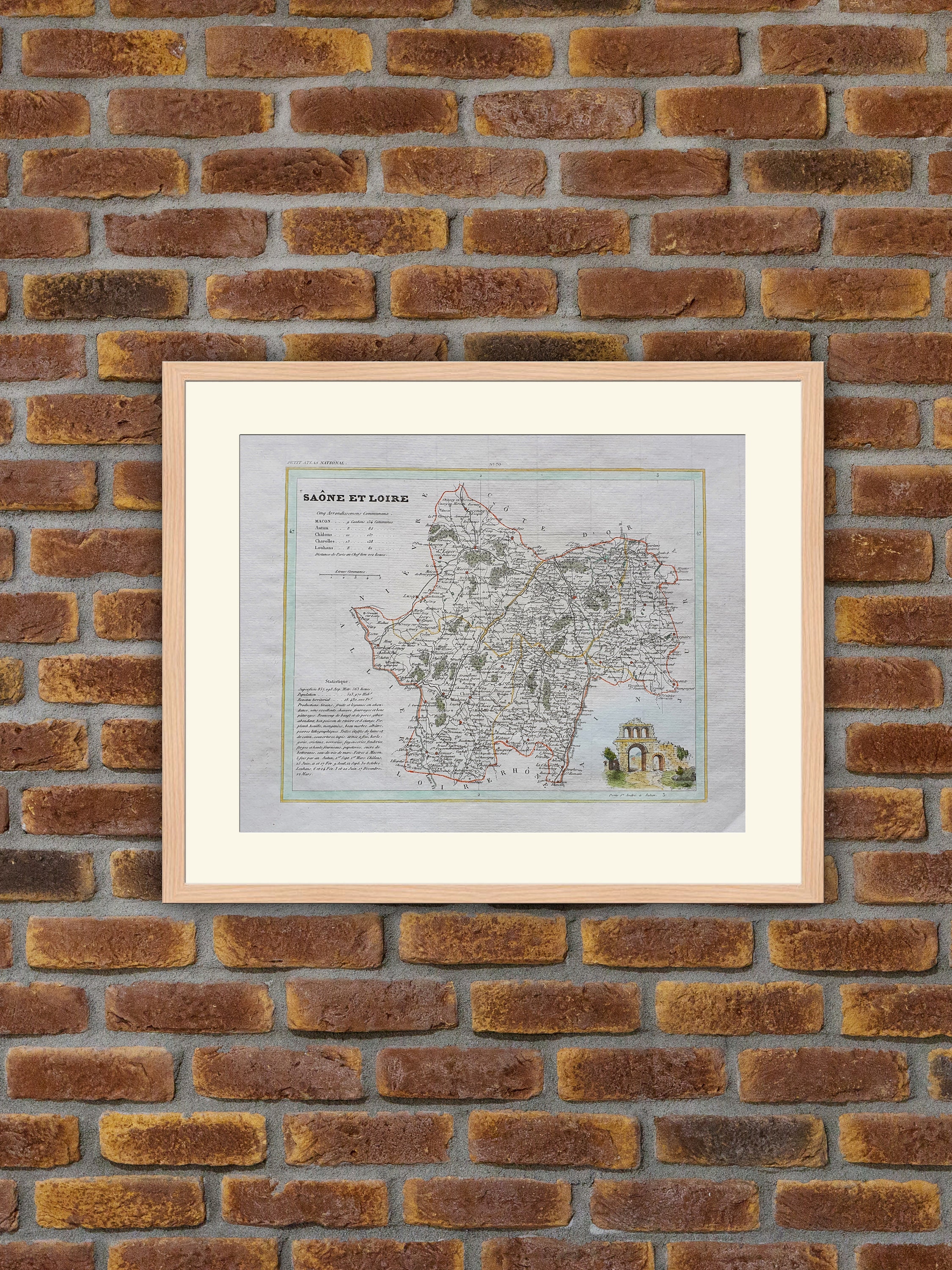 Carte de Département Français - Saône et Loire Gravure Couleurs 1833 Monin