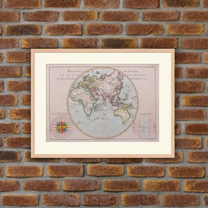 Gravure 1762 - Cartographie - Atlas - Mappemonde sur le Plan d’un méridien Hémisphère Oriental (Afrique, Europe, Asie, Océanie) - R. BONNE