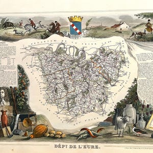 Carte Département de l’ Eure - Gravure couleurs 1850 Atlas National Levasseur