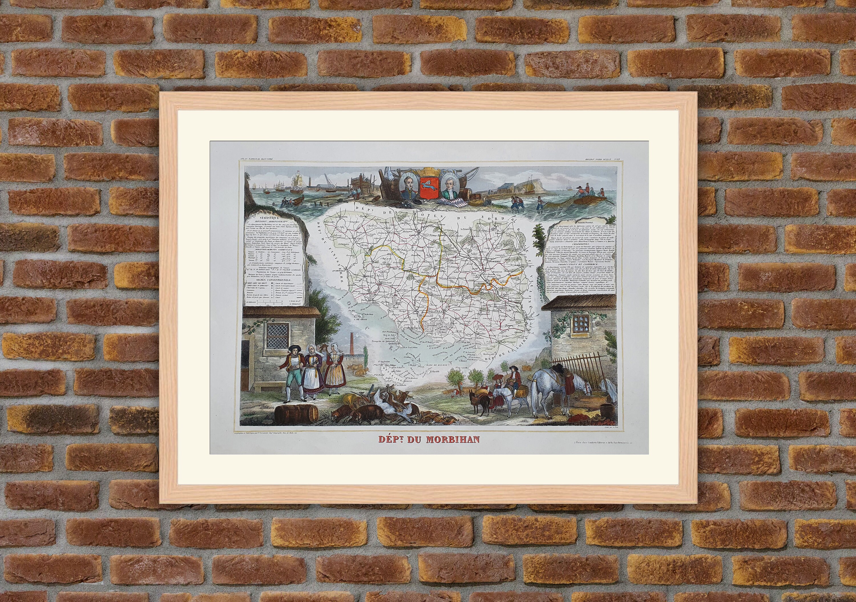 Carte Département Français - Morbihan Gravure Couleurs 1850 Atlas National Levasseur