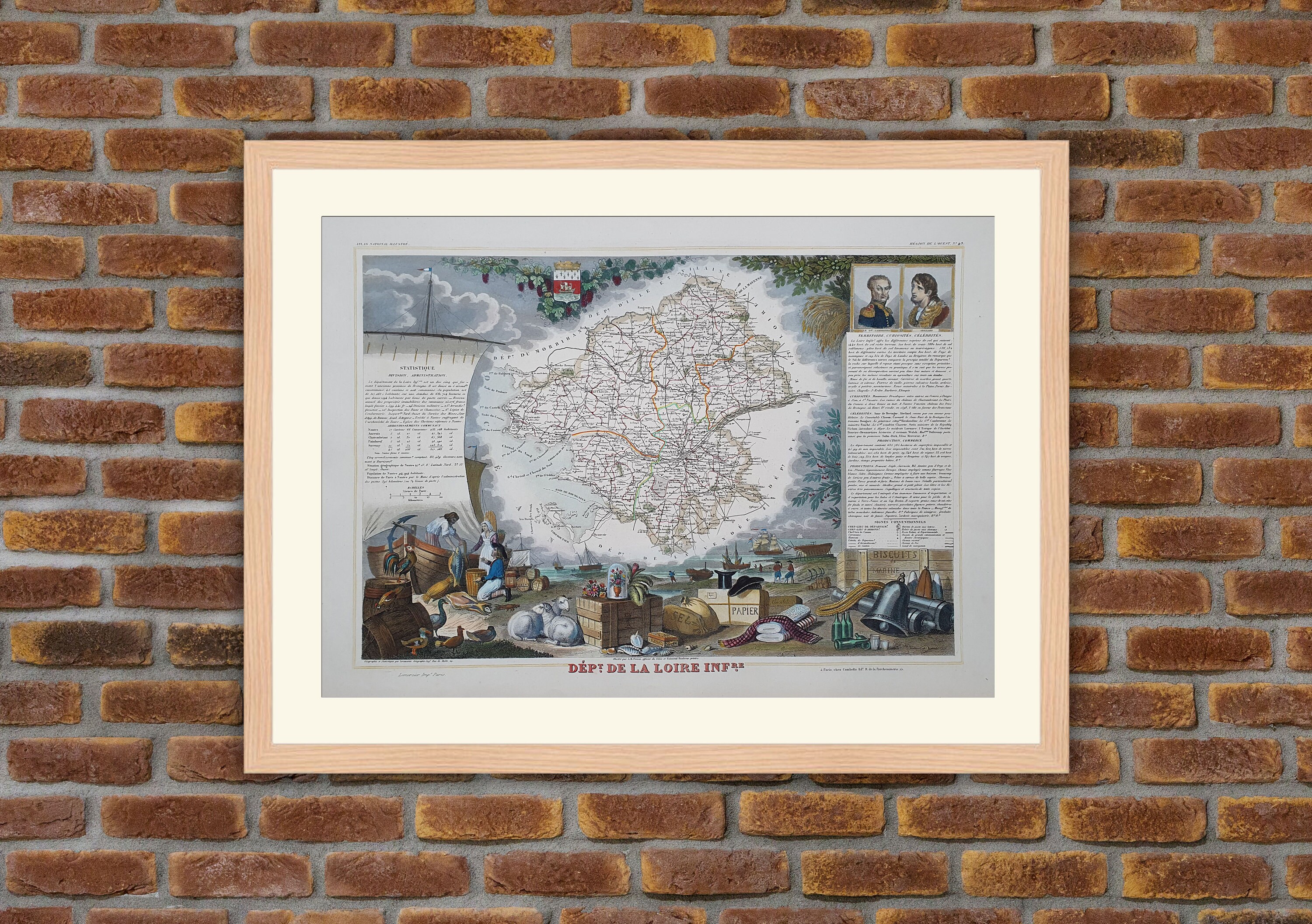 Carte Département Français - Loire Inferieure | Loire-Atlantique Gravure Couleurs 1850 Atlas Nationa