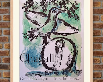 Affiche Galerie Maeght  &quot;L&#39;Oiseau Vert&quot; Marc Chagall - Lithographie Originale 1962
