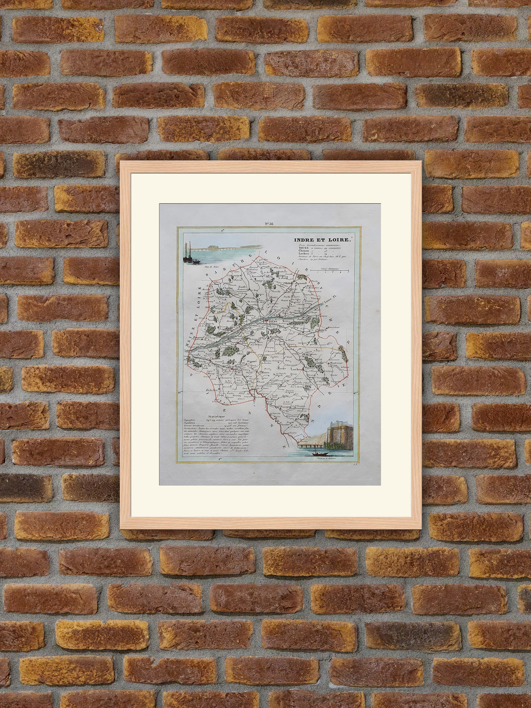 Carte de Département Français - Indre-Et-Loire Gravure Couleurs 1833 Monin