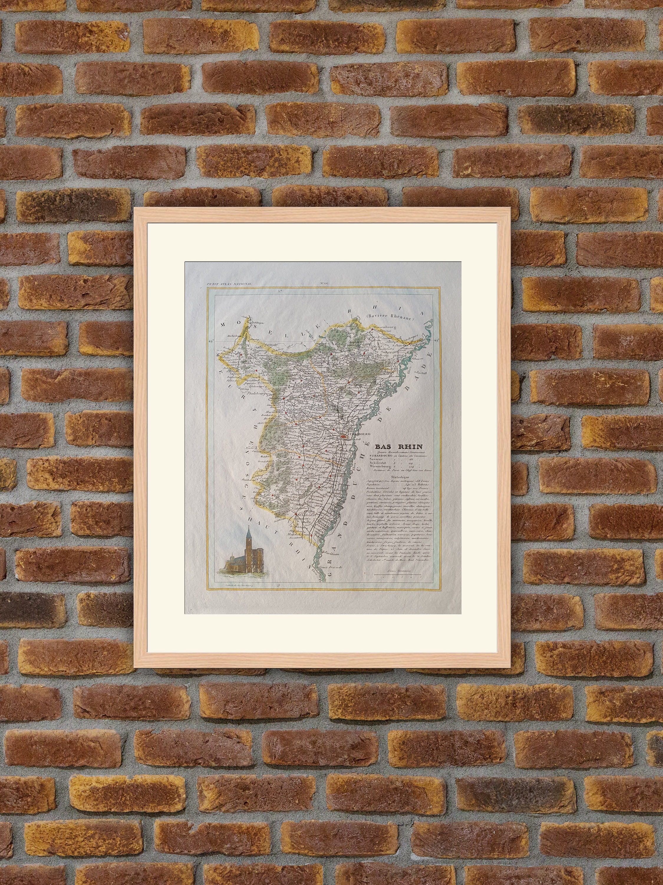 Carte de Département Français - Bas Rhin Gravure Couleurs 1833 Monin