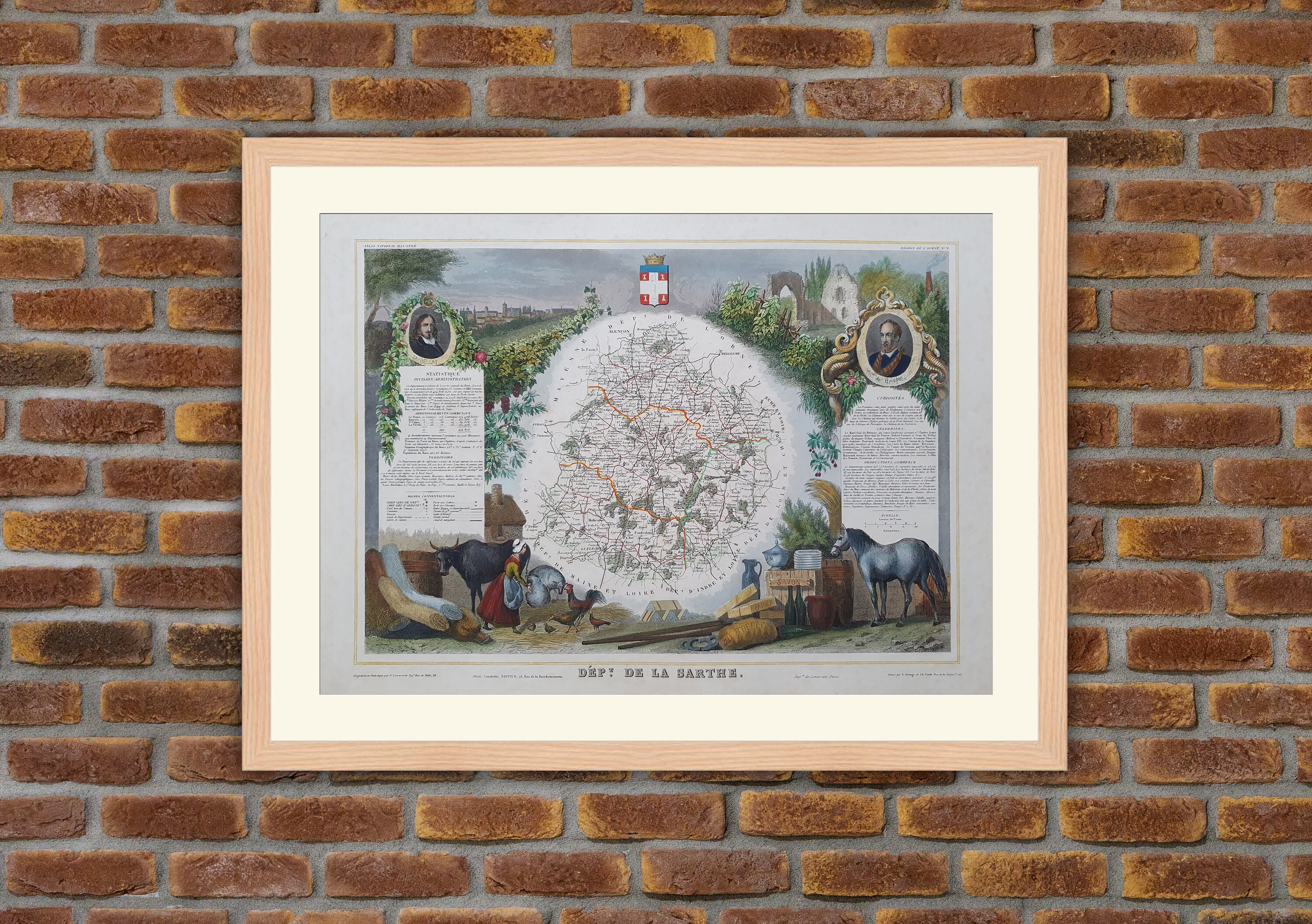 Carte Département Français - Sarthe Gravure Couleurs 1850 Atlas National Levasseur