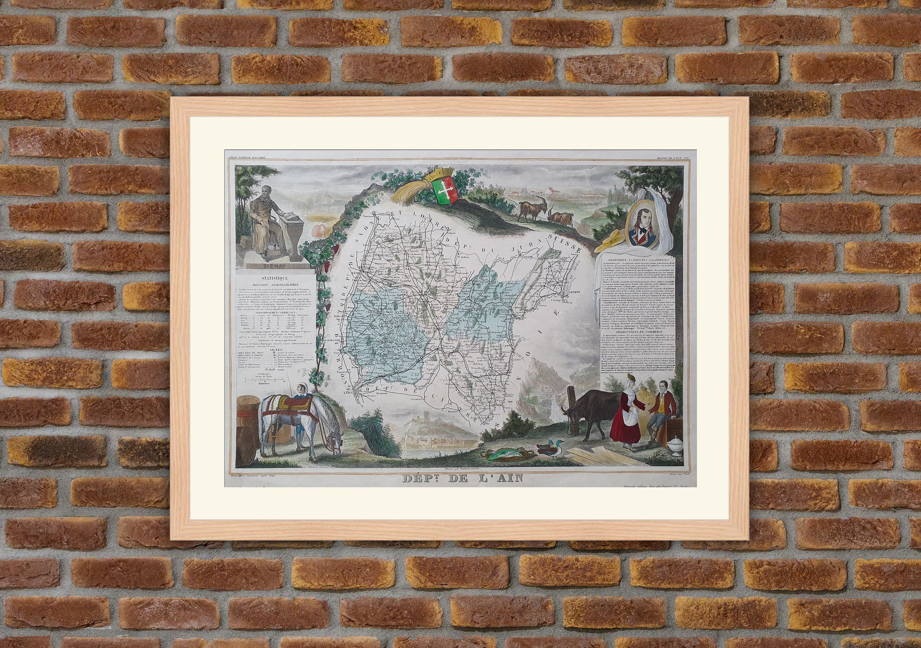 Carte Département Français - Ain Gravure Couleurs 1850 Atlas National Levasseur