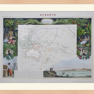 Peut inclure: Une carte antique d'Océanie, présentant une illustration détaillée de l'Australie et des îles environnantes. La carte est entourée d'une bordure décorative avec des images de personnes et de plantes. Le titre "OCEANIE" est imprimé en rouge en haut de la carte.