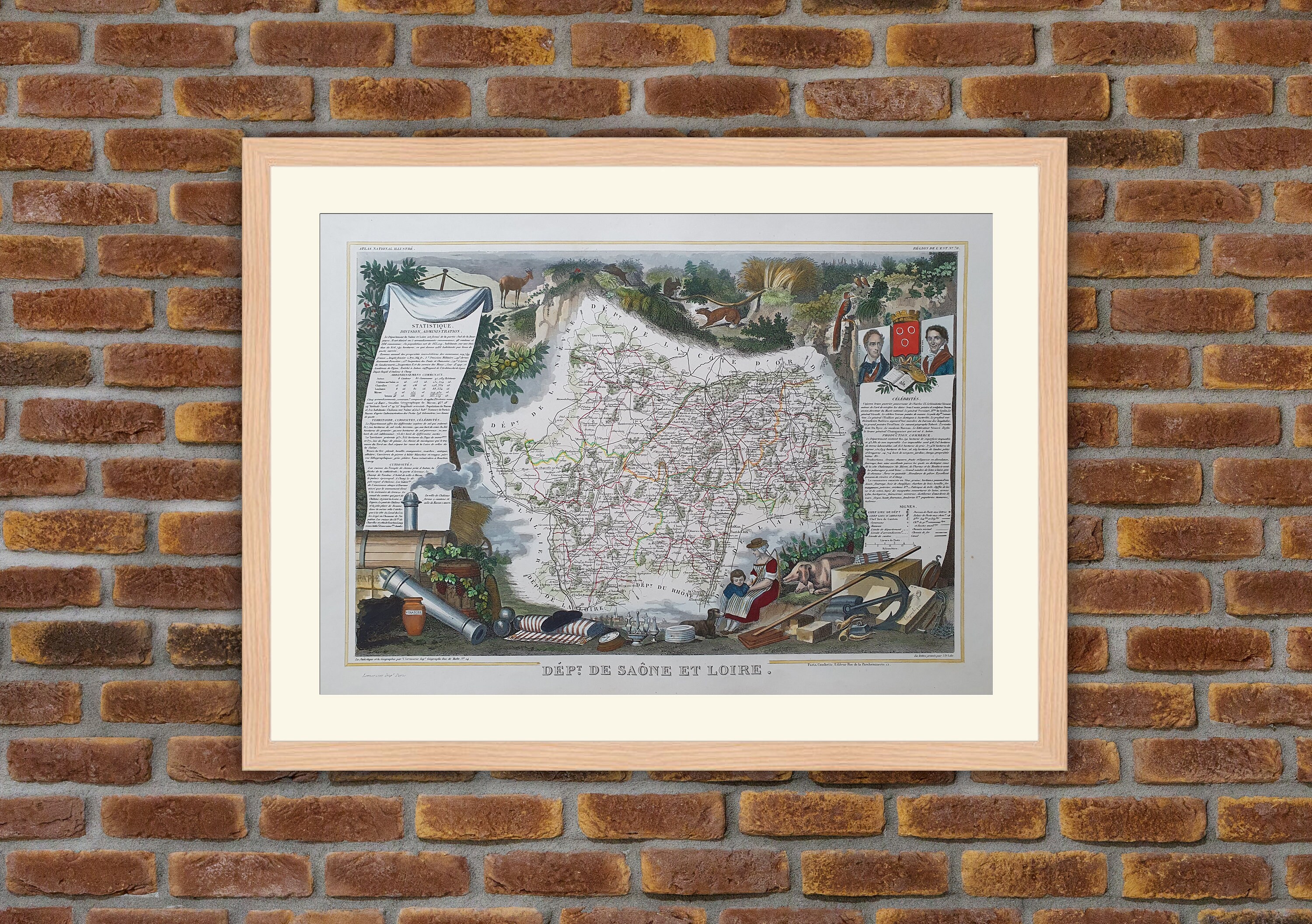 Carte Département Français - Saône-Et-Loire Gravure Couleurs 1850 Atlas National Levasseur