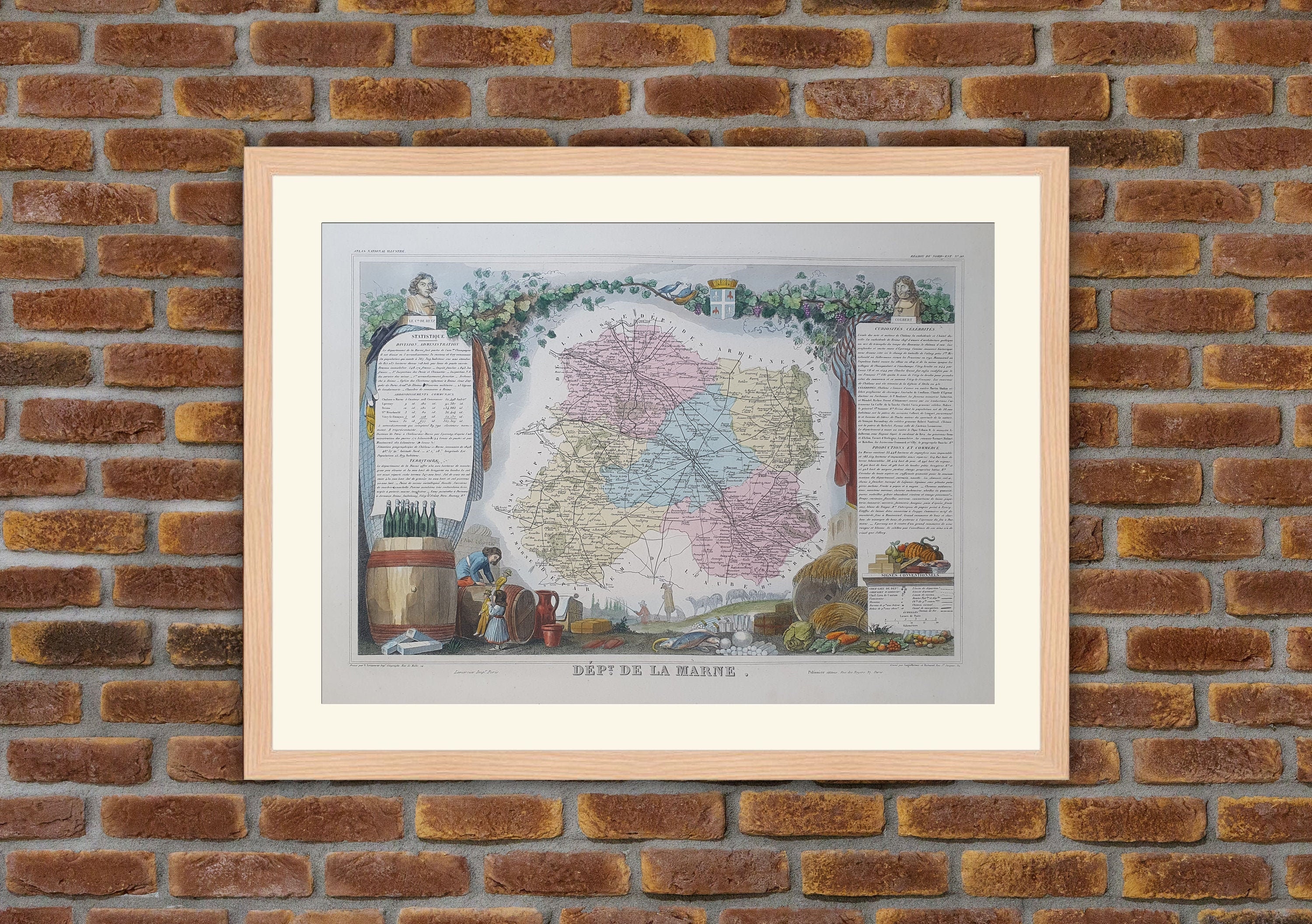 Carte Département Français - Marne Gravure Couleurs 1850 Atlas National Levasseur