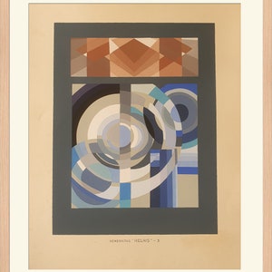 Könnte beinhalten: Ein abstrakter geometrischer Kunstdruck in Blautönen, Grau und Braun. Der Druck zeigt eine Reihe überlappender Kreise und Quadrate, die eine dynamische und visuell interessante Komposition erzeugen. Der Druck ist mit "Relais" betitelt und vom Künstler Benedictus signiert.
