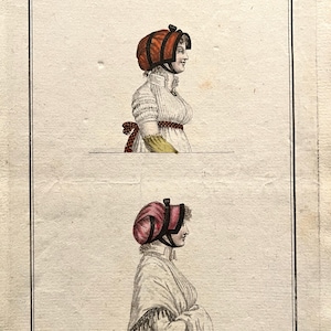 May include: An antique print titled "Costumes Parisiens" shows two illustrations of women in profile. The top image depicts a woman wearing a red and black bonnet and a white dress. The bottom image shows a woman in a pink bonnet and a white shawl. The text "Chapeaux - Capotes" is at the bottom.