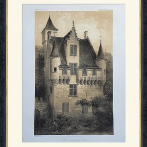 May include: A black and white engraving of a stone castle with a tall tower and multiple gables. The castle is surrounded by trees and bushes. The text "CHATEAU DE DAMPIERRE." is printed below the image.