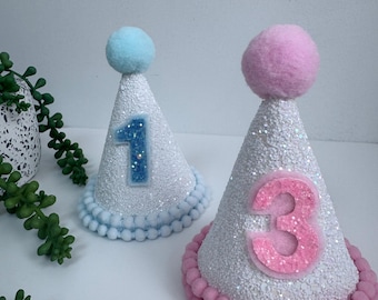 Baby Birthday Hat with Number | First Birthday Party Hat for Boys and Girls | Pompom Top and Frill | Pink/White or Blue/White Glitter