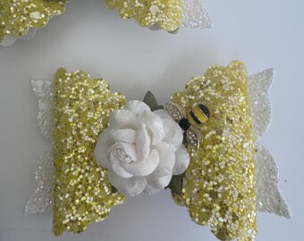 Yellow Glitter Bow with Bee and White Flower
