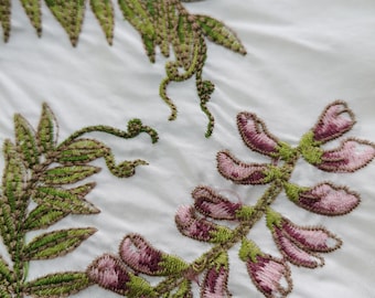 Floral : Chinoiserie Embroidered Silk Drapery on White Silk Doupioni DP-1