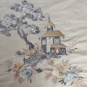 Pagoda: Chinoiserie Embroidered Drapery on Gray Silk Doupioni DP-22