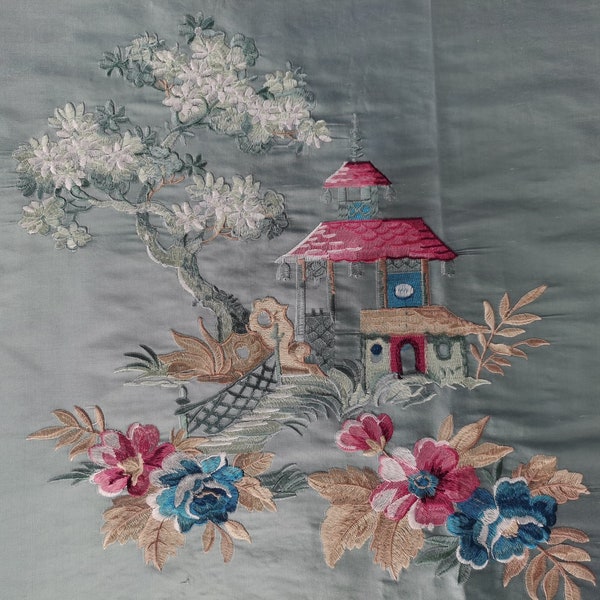 Pagoda: 54" Wide Chinoiserie Embroidered Drapery on Blue Silk Doupioni DP-27