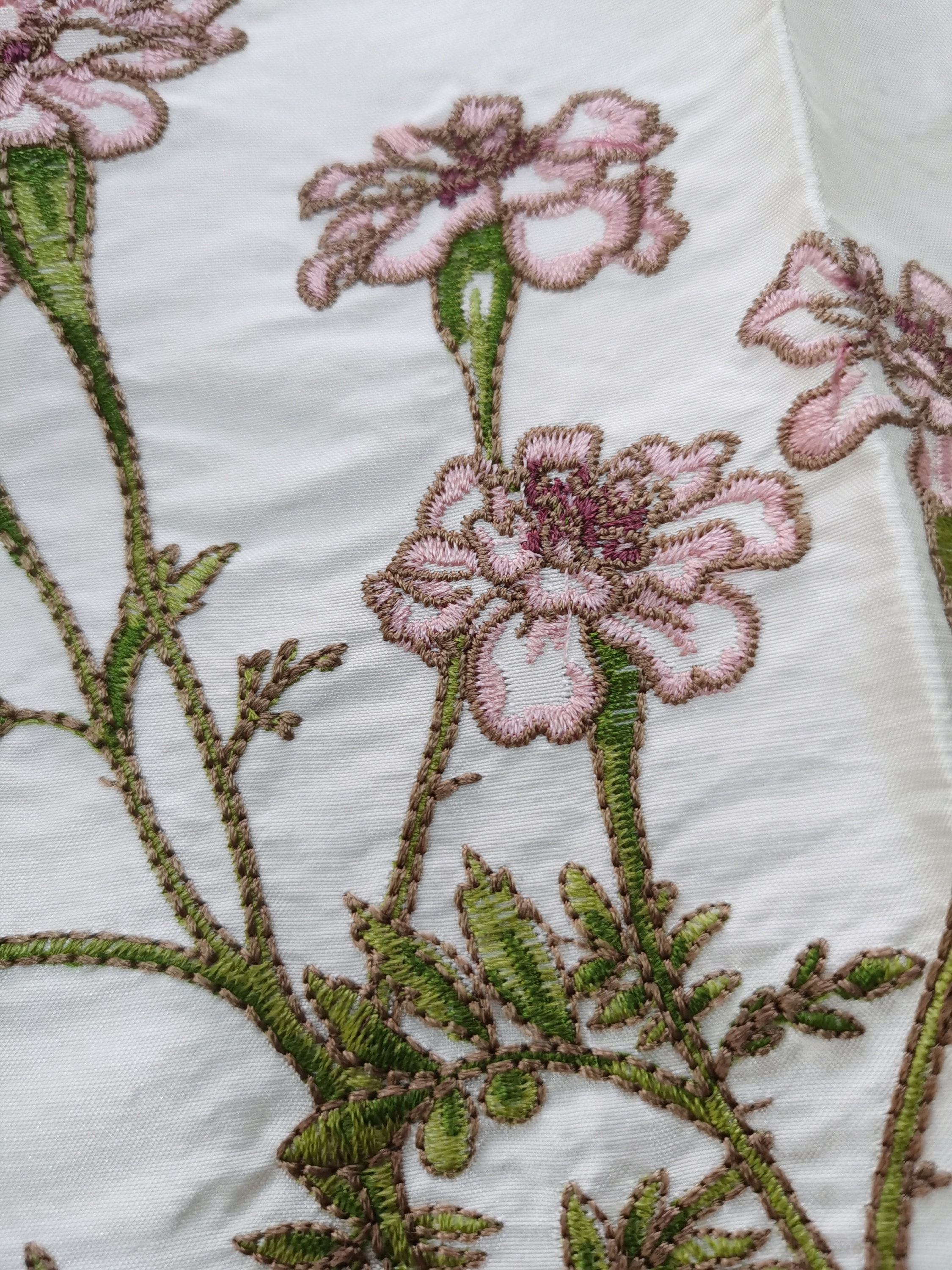 Floral : Chinoiserie Embroidered Silk Drapery on White Silk Doupioni DP