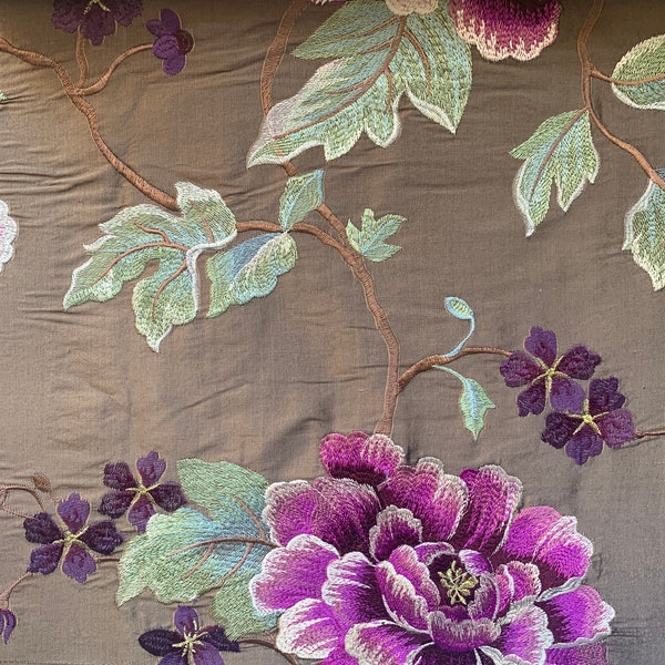 Peony: 54" Wide Chinoiserie Embroidered Silk Drapery on Brown Silk Doupioni DP-63