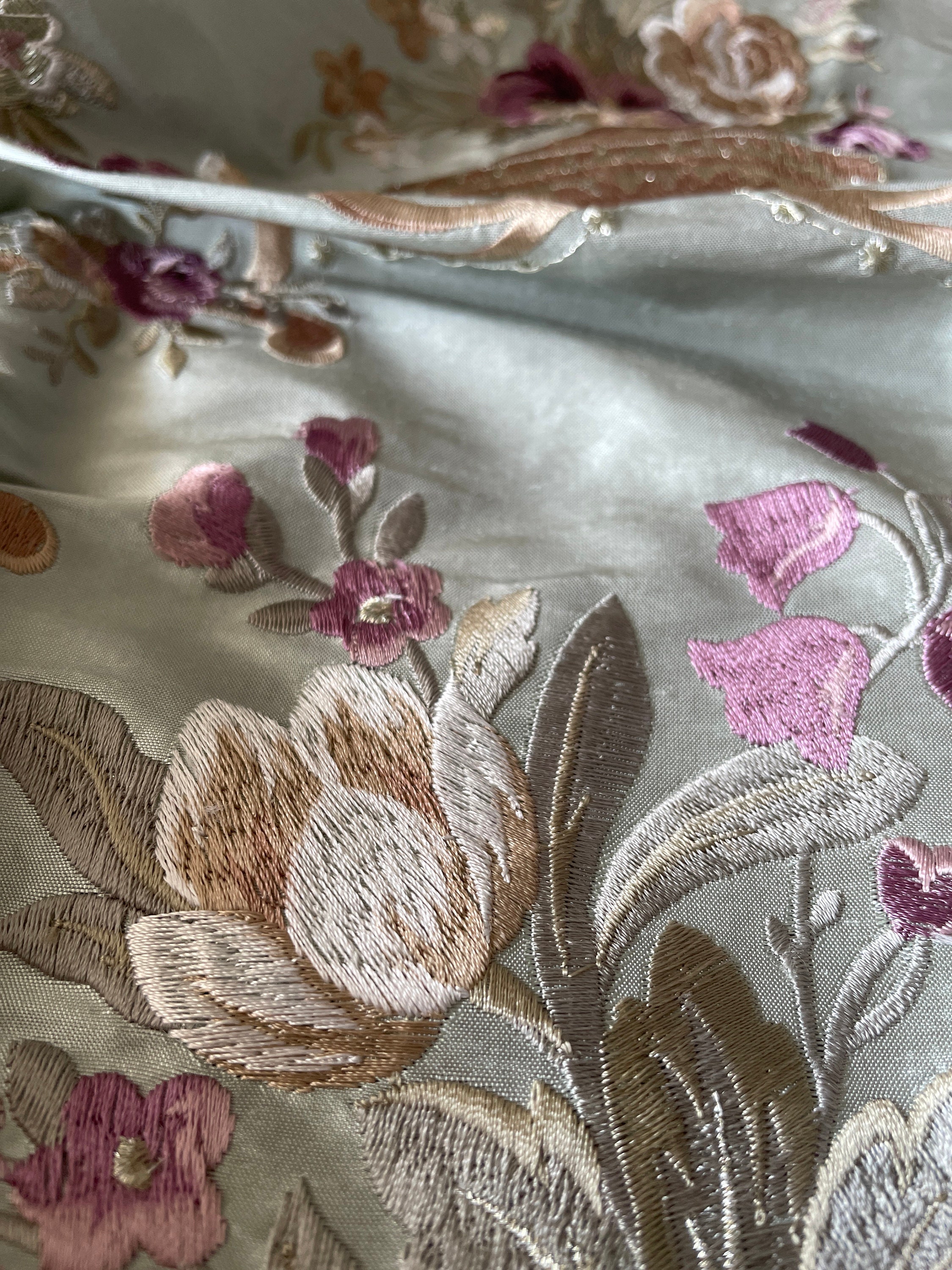 Bouquet: 54" Wide Chinoiserie Embroidered Drapery on Green Silk