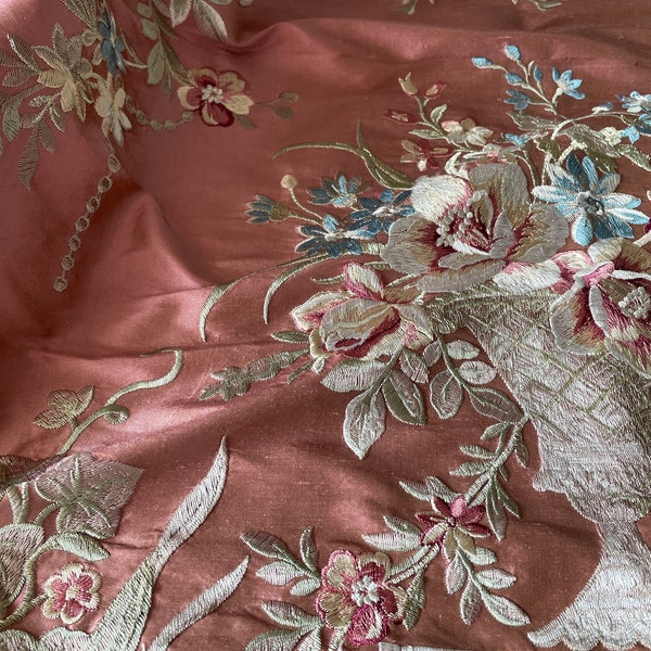 Bloom: Chinoiserie Embroidered on Red Silk Doupioni DP-56