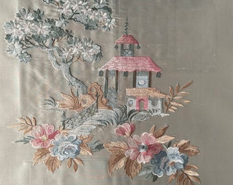 Pagoda: 54" Wide Chinoiserie Embroidered Drapery on Green Silk Doupioni DP-22