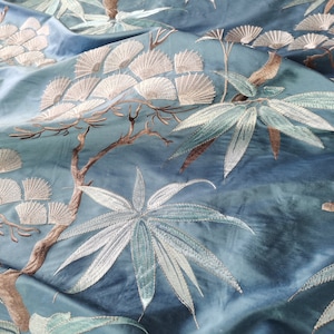 Pine and Bamboo: 54&quot; Wide Chinoiserie Embroidered Drapery on Deep Blue Silk Doupioni DP-28
