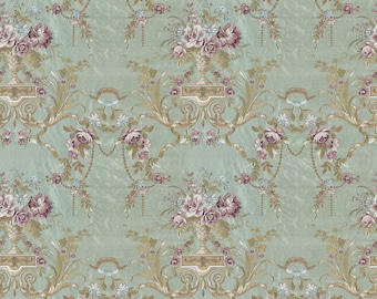 May include: A repeating pattern of floral bouquets in a light green background. The bouquets are made of pink, white, and blue flowers and are arranged in a vase with gold accents. The background has a subtle texture and is decorated with gold vines and swirls.