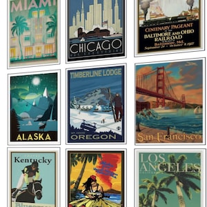 1:12 carteles vintage para casas de muñecas, descargables, imprimibles, DESTINOS DE EE. UU. N.º I.