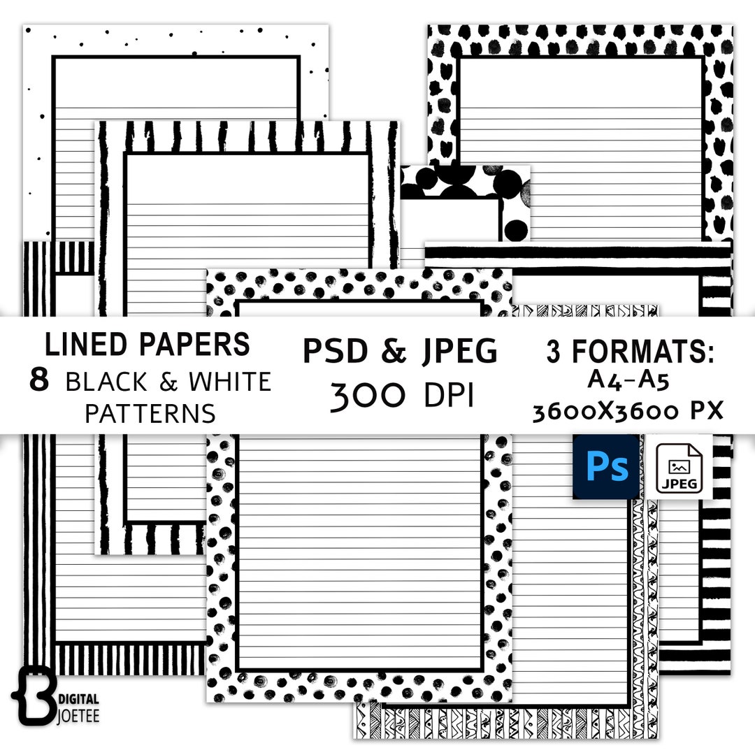 Printable Lined Papers, A4 A5 3600x3600, Jpeg Photoshop File, Black and White, Dots and Stripes ...
