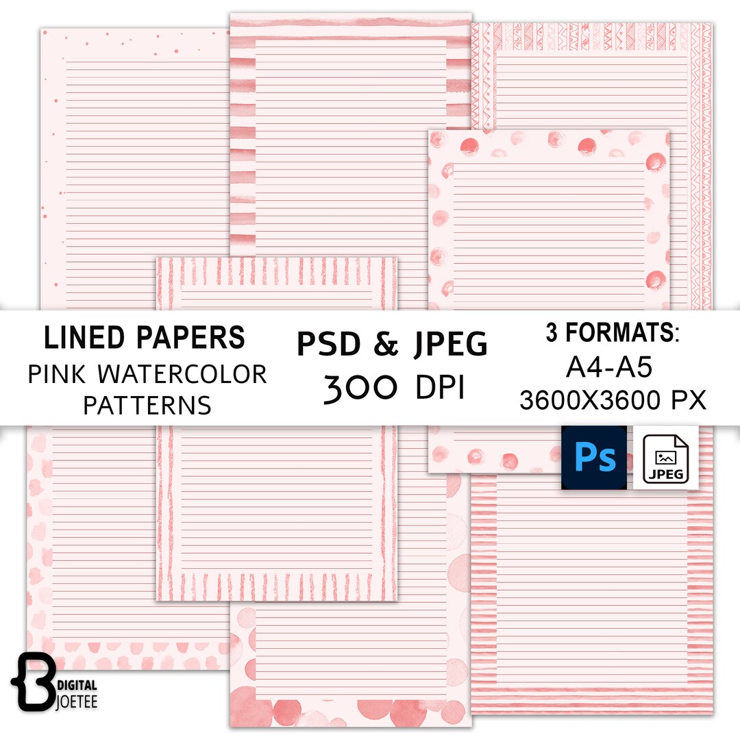 Printable Lined Papers, A4 A5 3600x3600, Jpeg Photoshop File, Pink ...