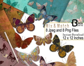 ClipArt farfalla, farfalle sublimazione Png, farfalle vintage scrapbook, grafica farfalla Grunge, uso commerciale.