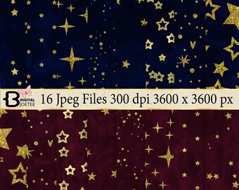 Gold Stars Digital Paper, Starry Night Backgrounds, Celestial Paper Sheets, Golden Stars Patterns.