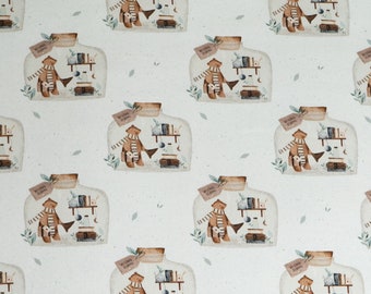 May include: A white fabric with a repeating pattern of brown bears in glass jars. The bears are wearing scarves and holding books. The jars have a label that says "Welcome Home".
