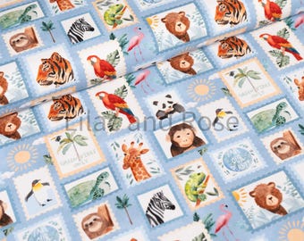 Blue Cotton Jersey Fabric, Animal Printed Fabric, Fabric for Kids Clothes, Jersey Dress Fabric