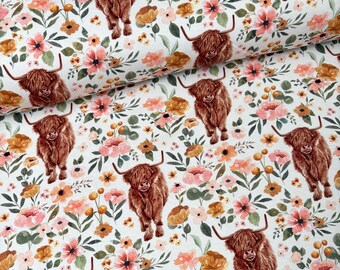 Cotton Jersey Fabric, Highland Cow Floral Fabric, Stretch Knit Fabric