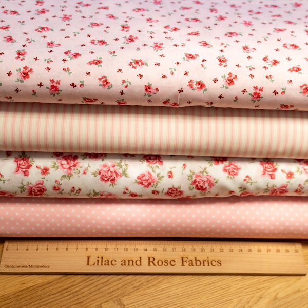 Rose and Hubble Pink Floral Roses 100% Cotton Poplin Fabric, Quilting and Crafting Fabric