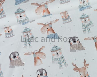 Cotton Jersey Fabric, Animal Fabric, Neutral Jersey Fabric, Winter Print Jersey, Fabric for Children