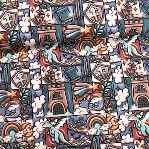 May include: A fabric with a fantasy theme, featuring a repeating pattern of castles, dragons, shields, swords, rainbows, and books. The color palette includes shades of blue, red, orange, and white. The word "Fairytales" is visible on the book covers.