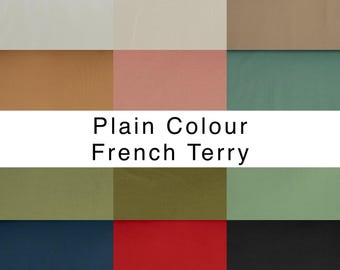May include: Swatch of fabric in 10 different colors: white, beige, light brown, pink, teal, olive green, dark green, navy blue, red, and black. The fabric is labeled "Plain Colour French Terry".