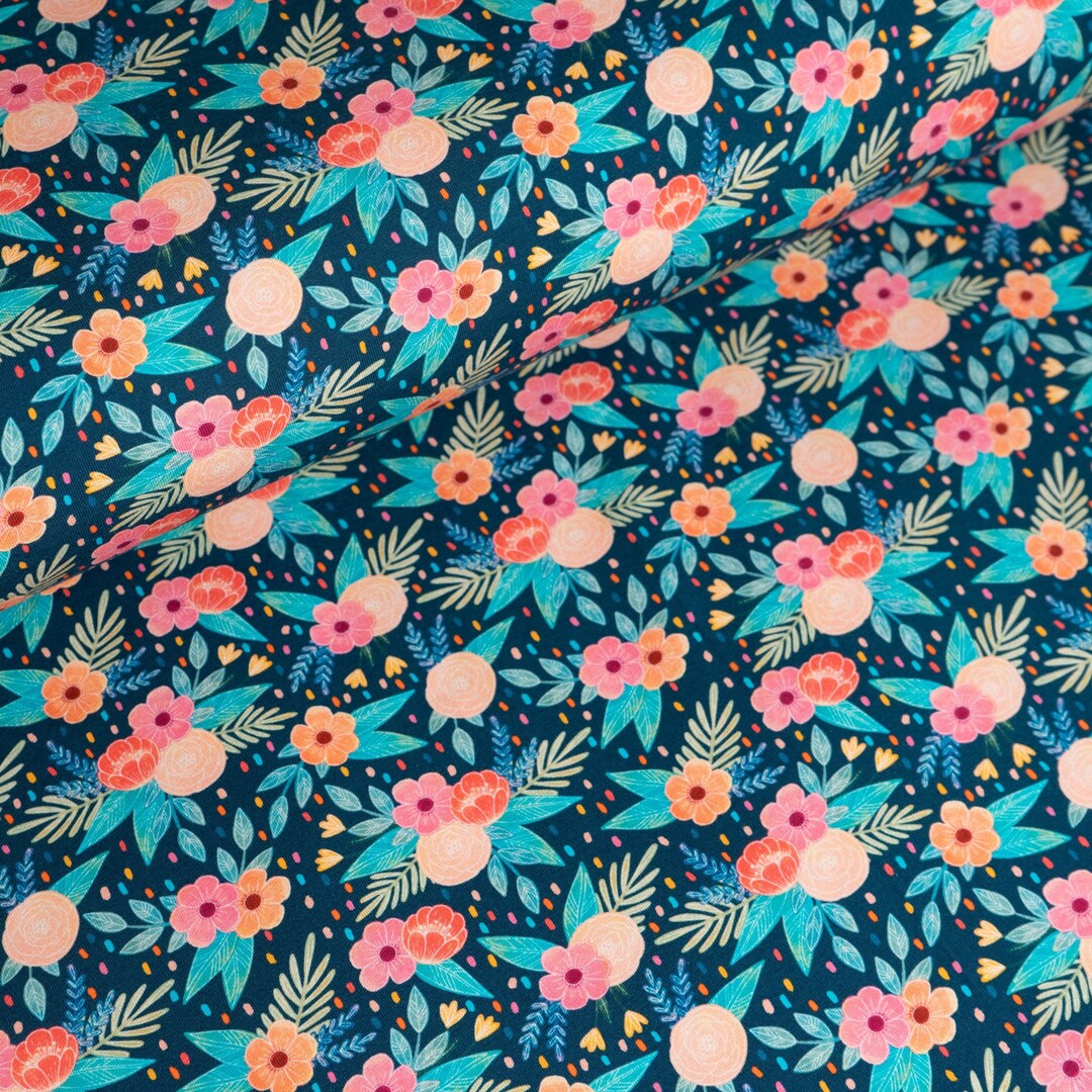 Cotton Jersey Fabric, Floral Bunch on Navy, Floral Stretch Knit Fabric