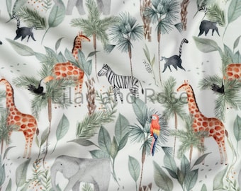 Animal Fabric, Neutral Jersey Fabric, Giraffe Zebra Elephant Fabric, Stretch Knit Fabric