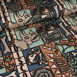 French Terry Fabric, Dinosaurs Fabric, Neutral Childrens Fabric, Stretch Knit Fabric, Looped Back Jersey